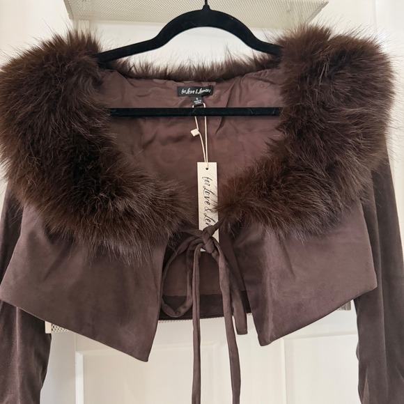 NWT For Love & Lemons Esme Faux Suede Fur Trim Cropped Bolero Jacket Brown Small - Picture 2 of 4